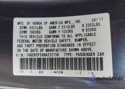 2017 Honda Accord Sport z USA, uszkodzony, nr VIN 1HGCR2F59HA222738